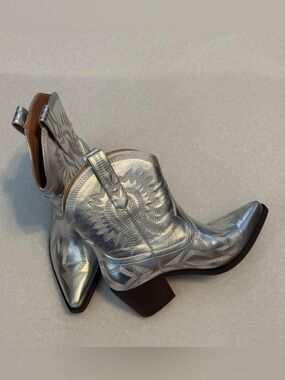 Metallic Silver Western Ankle Boots - Women's